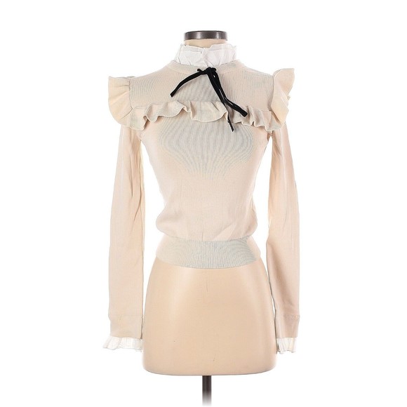 Zara Sweaters - ZARA Beige Ruffled Collar Neck Tie Long Sleeve Top - S